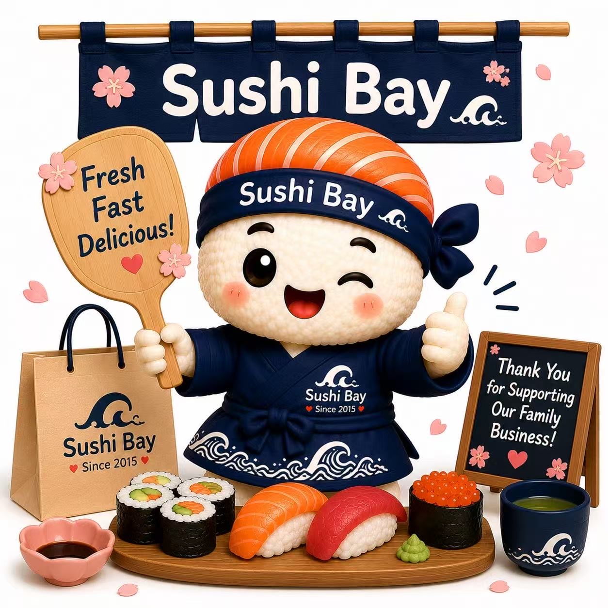 Sushi Bay Mascot with Board and Paddle